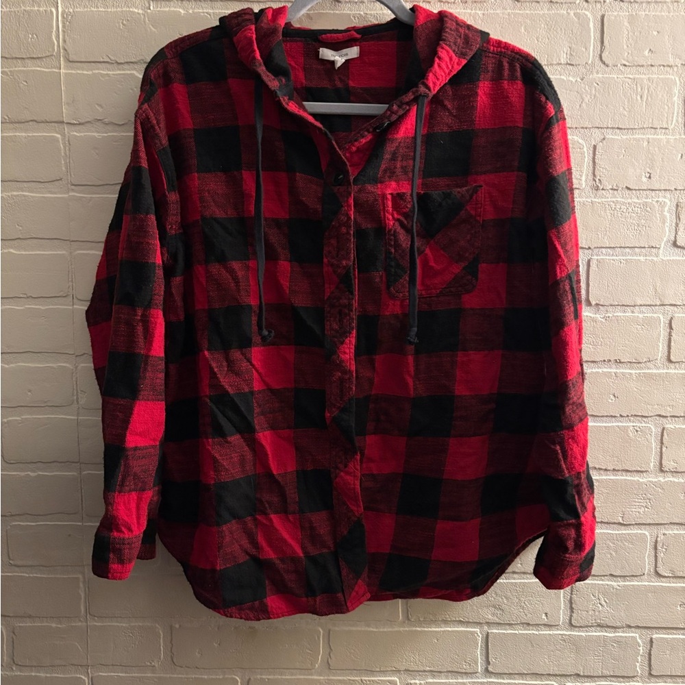 Maurices Red and Black Checkered Hooded Shirt
